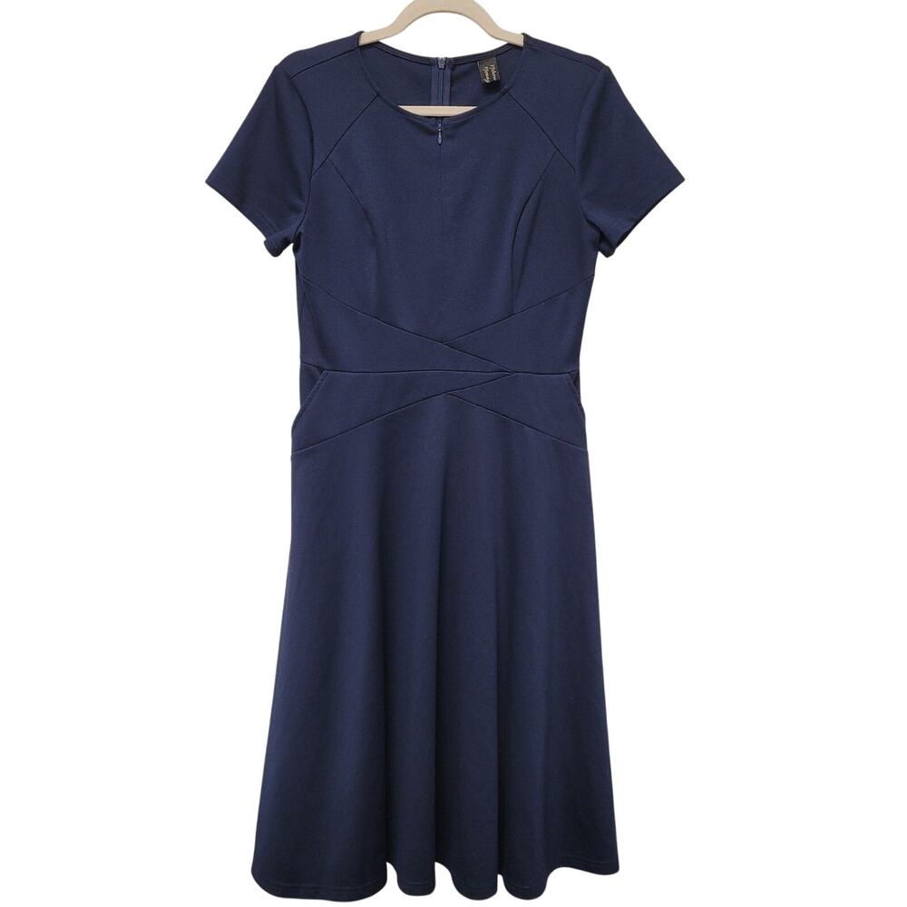 Navy Fit Flare Dress SZ M Short Sleeve Stretch Workwear Classic BasicsMinimalist